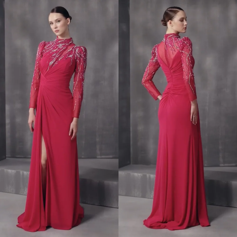 カスタマイズされたマッチングシフォンプリーツプリーツスパンコールストレートハイカラーロングドレスオーダーメイドの機会高品質