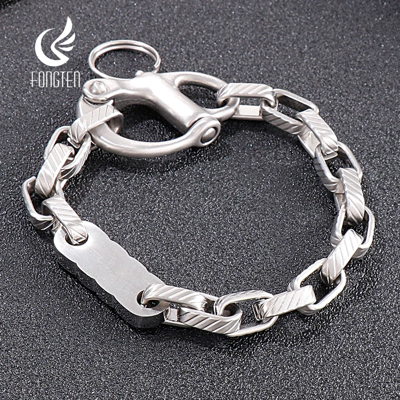 Fongten 22cm Bracelets For Men Brushed Stainless Steel Square Box Chain Charm Bangle Bracelet Rotre Black Silver Color Jewelry