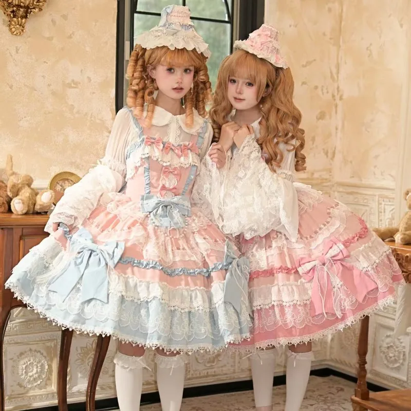 

Japanese Sweet Lolita Jsk Kawaii Cute Bow Lace Ruffles Princess Dresses for Women Girls Harajuku Y2k Tea Part Birthday Dress