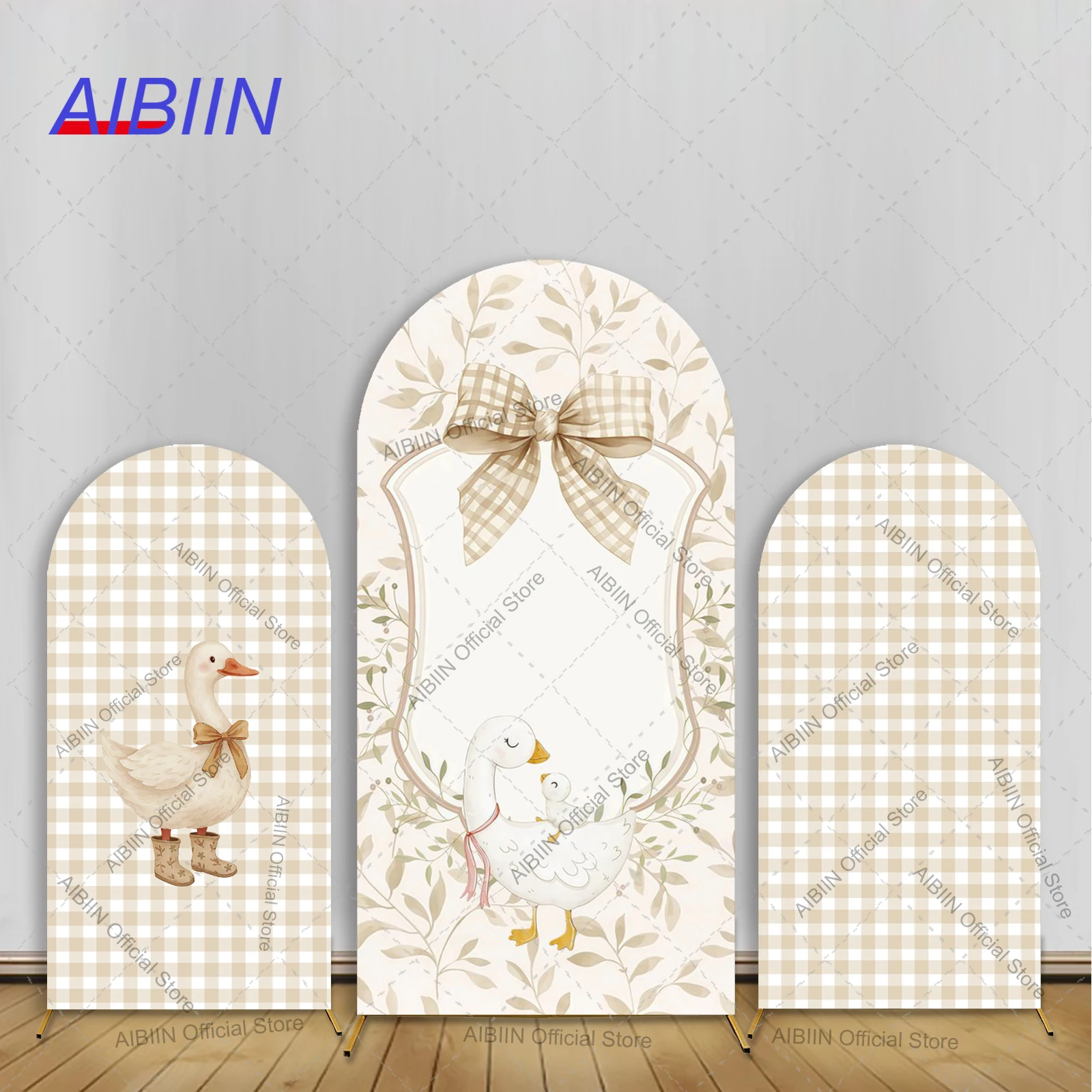 Couverture d'arrière-plan d'arc de douche de bébé sur le thème d'oie, couverture de grille Beige à carreaux d'oie mignonne avec gâteau à nœud, décor de fête de bienvenue pour bébé