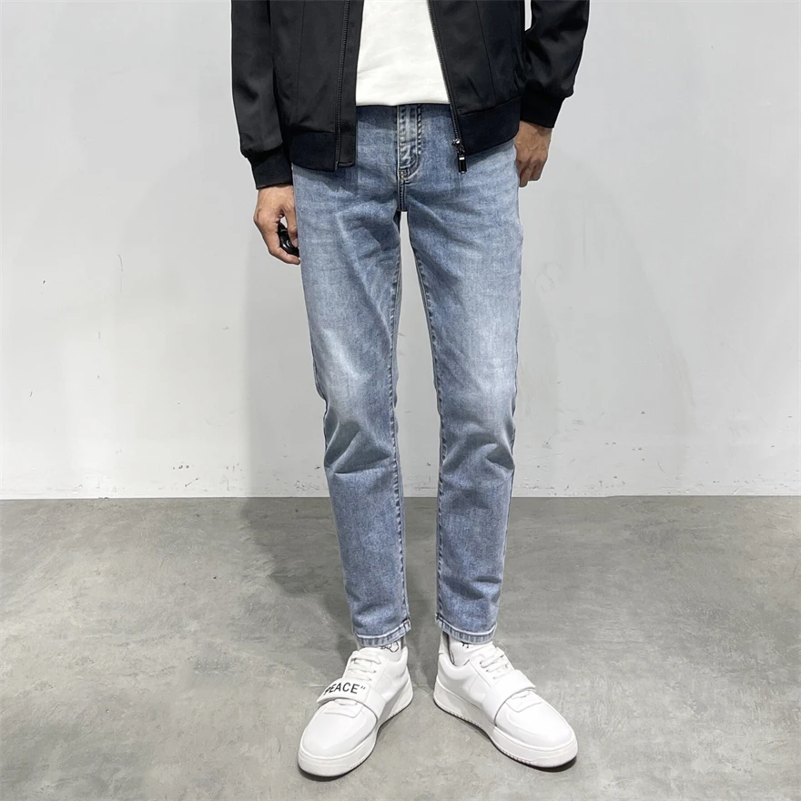 

Men's Slim Fit High Stretch Denim Jeans Fall Season Bird Series Washed Casual Long Pants Nine Points Half Cotton Elastic