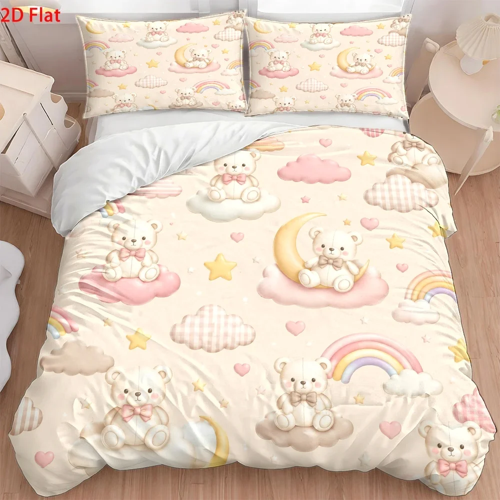 3 Piece Quilt Cover Set Double Bed Cartoon Bear Rainbow Moon Print Bedding Set with 2 Pillowcases Polyester Woven Skin-Friendly