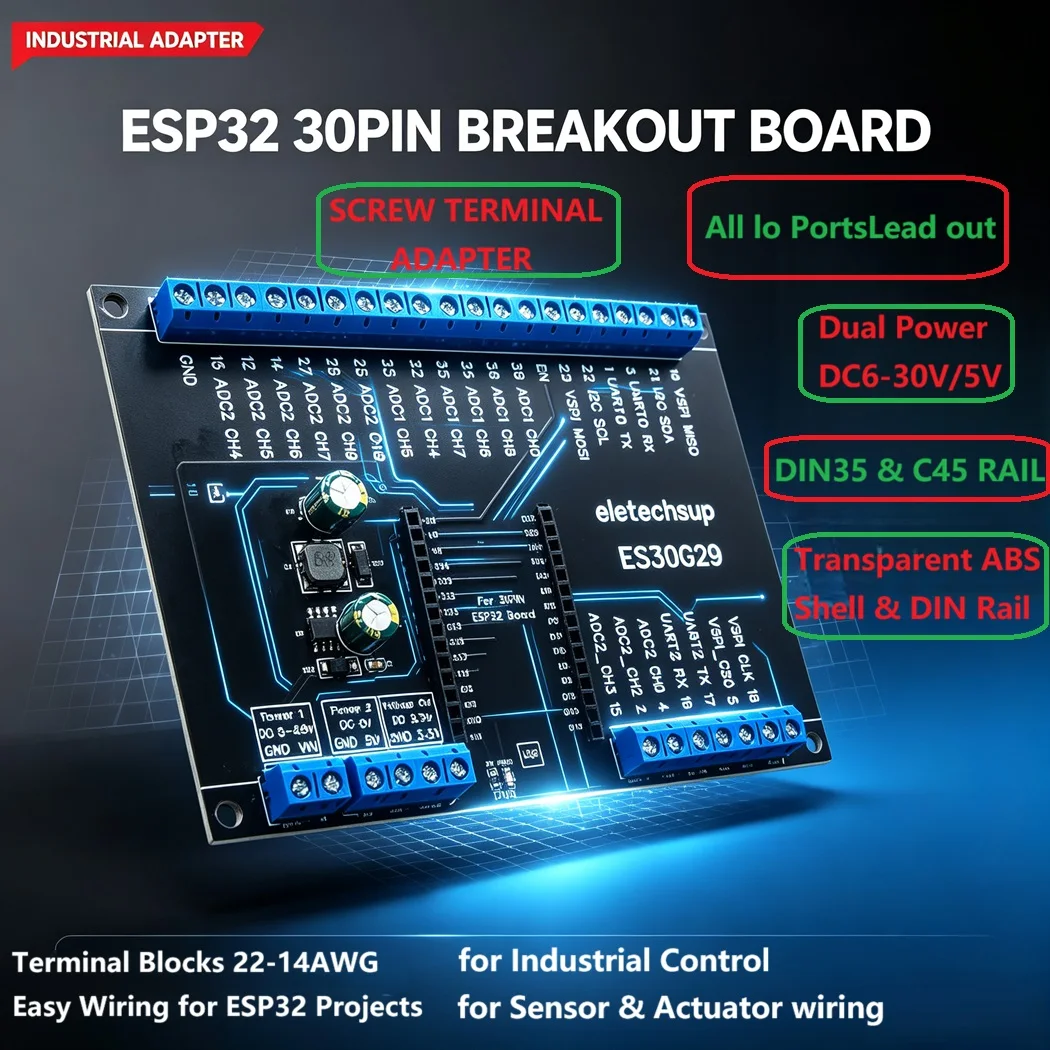 30PIN ESP32 IO Breakout Adapter Board DIN35 C45 Rail Dual Power Supply 5.0mm Terminal Block Transparent ABS Case