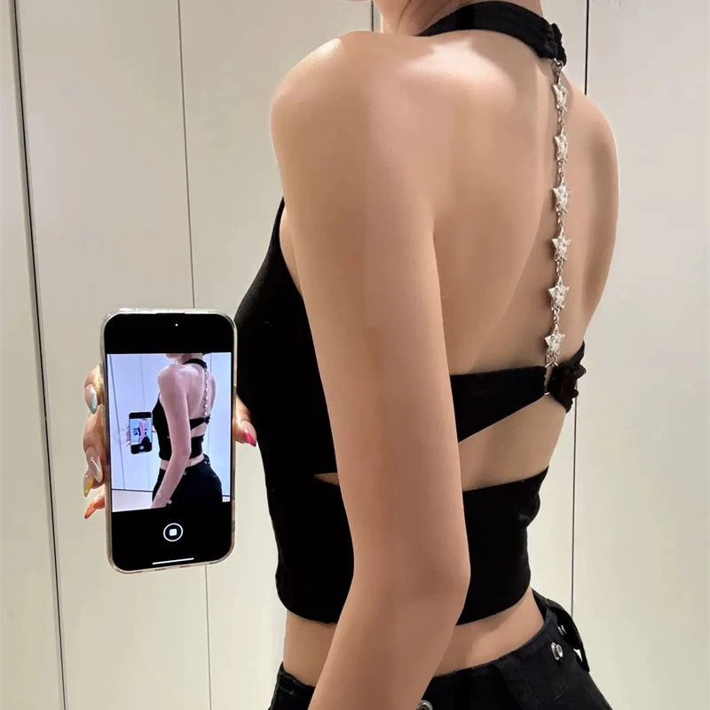 Solid Hanging Neck Sexy Backless Tank Top Women Star Chain Chic Cutout Vest Jazz Dance Harajuku Y2K Cropped Top