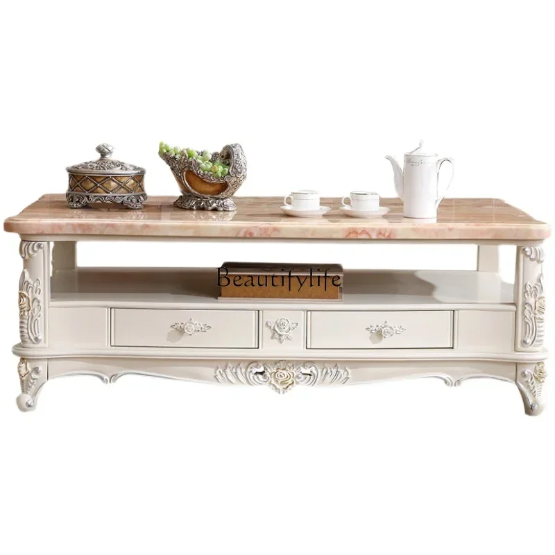 

ls 35European coffee table marble double-layer full solid wood carving flower villa coffee table