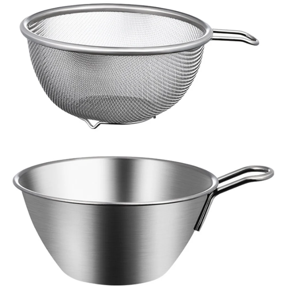 

1Set Mesh Strainers for Kitchen Stainless Steel Rice Colander with Matching Basin Drain Fast No Burr Smooth Edge Design