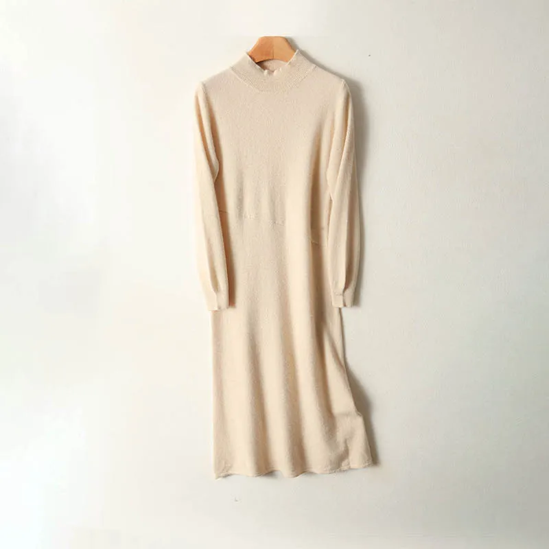 100% Wool Women's Long Dress, Mock Neck Loose Solid Color Knitted Dress, Autumn Winter Gentle Color Slim Woolen Maxi Dress