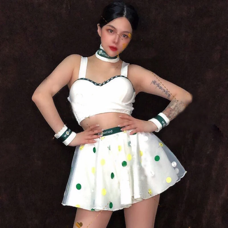 

Hip Hop Clothing For Women Group Jazz Dance Outfits White Top Polka Dot Tutu Skirt DJ DS Stage Performance Gogo Costume XS6285