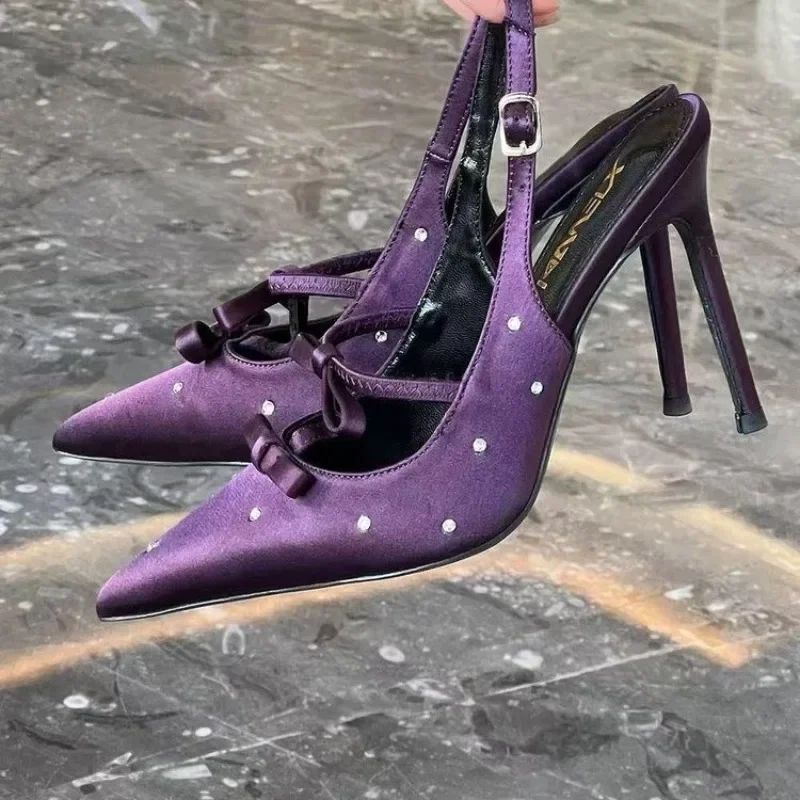 

Women's High Heel Sandals Bow Rhinestones Pointed Toe High Heels Dress Banquet Summer Purple Black Elegant Sandalias De Mujer