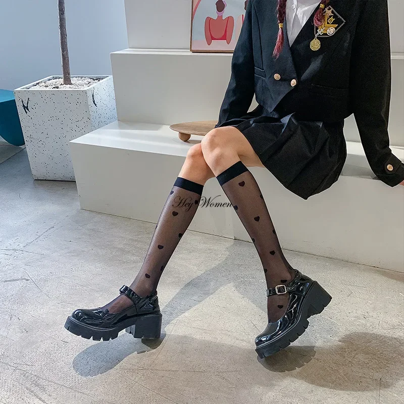 Calcetines de Lolita sexis JK para niñas, medias con estampado de corazón, bonito tubo largo Kawaii, medias transparentes hasta la rodilla ultrafinas