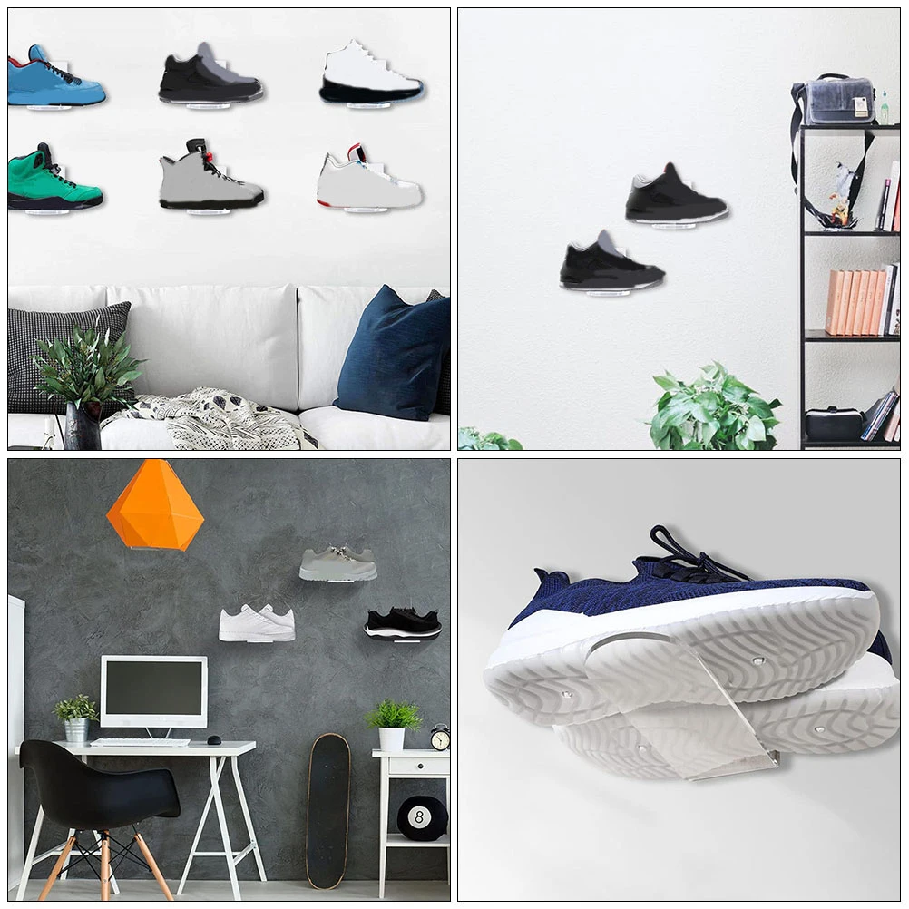 

6pcs Floating Shoe Rack Acrylic Display Shelves Hanging Shoes Rounded Edges Wall Sneakers Stand Clear Shelf Shoe Storage