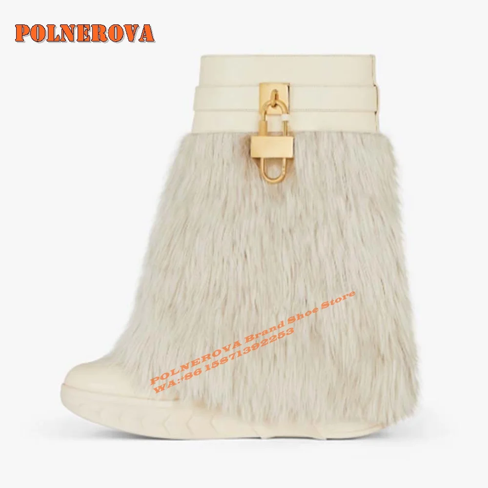 Furry Shark Lock Ankle Biker Boots Round Toe Thick Sole Sole Soft Warm Women's Snow Boots 2024 Winter New Style Casual Big Size