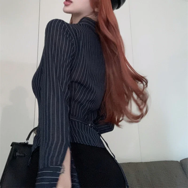 2024 Autumn New Polo Collar Contrast Color Stripes Sexy Long-sleeved Shirt Women + High Waist Casual Mini Skirt Two-piece Suit