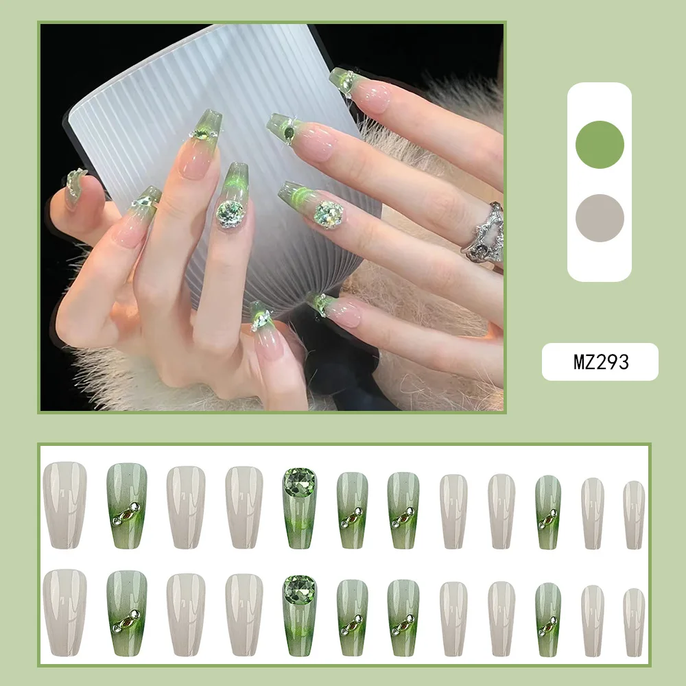 Hot Style Small Fresh Diamond-Encrusted Nail Slices Mint Mambo Green Gradient Manicure Smile Cat's Eye Wear Nail