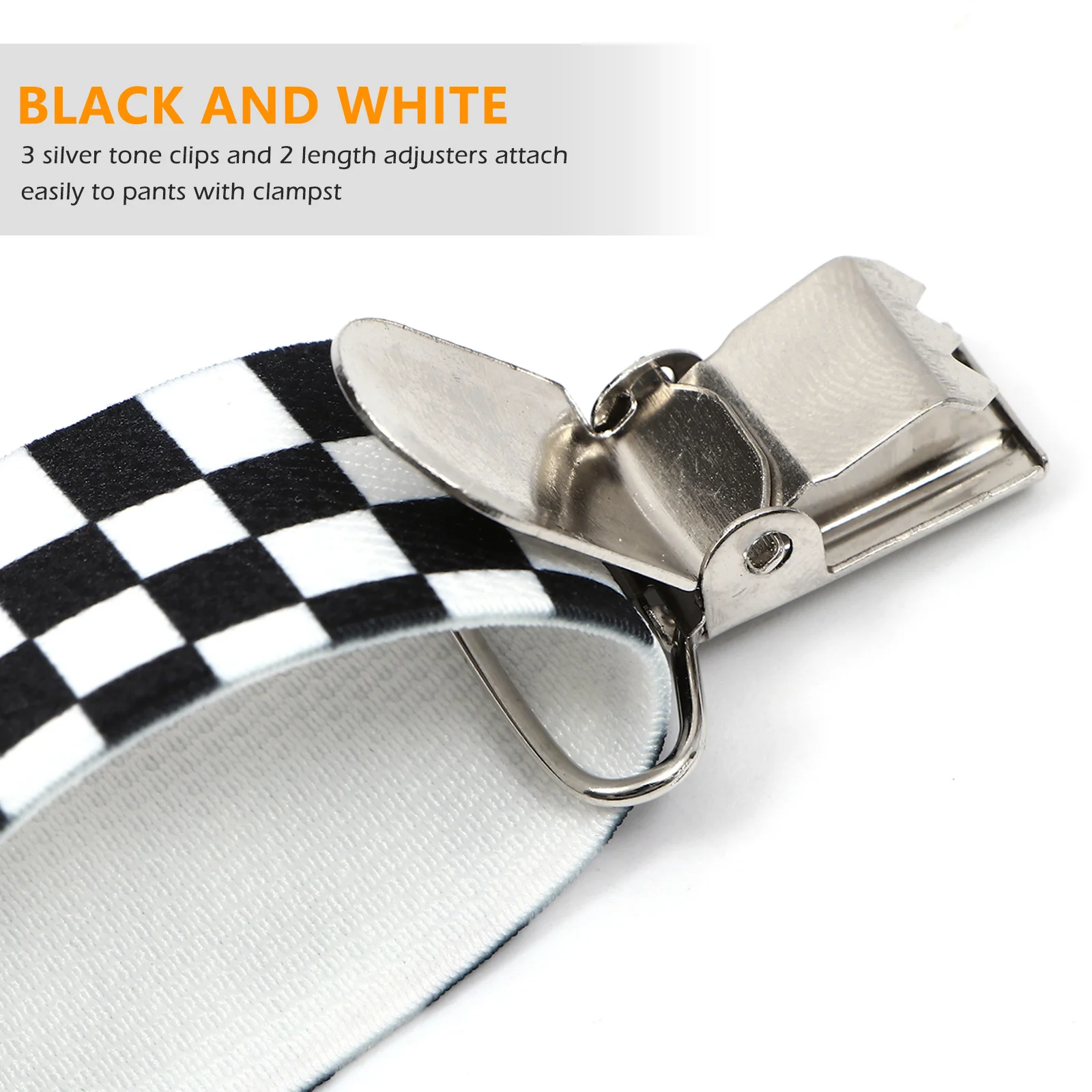 Checkered Clip-on Braces Elastic Y-back Suspender (Black+White) Checkered suspender Clip-on suspender