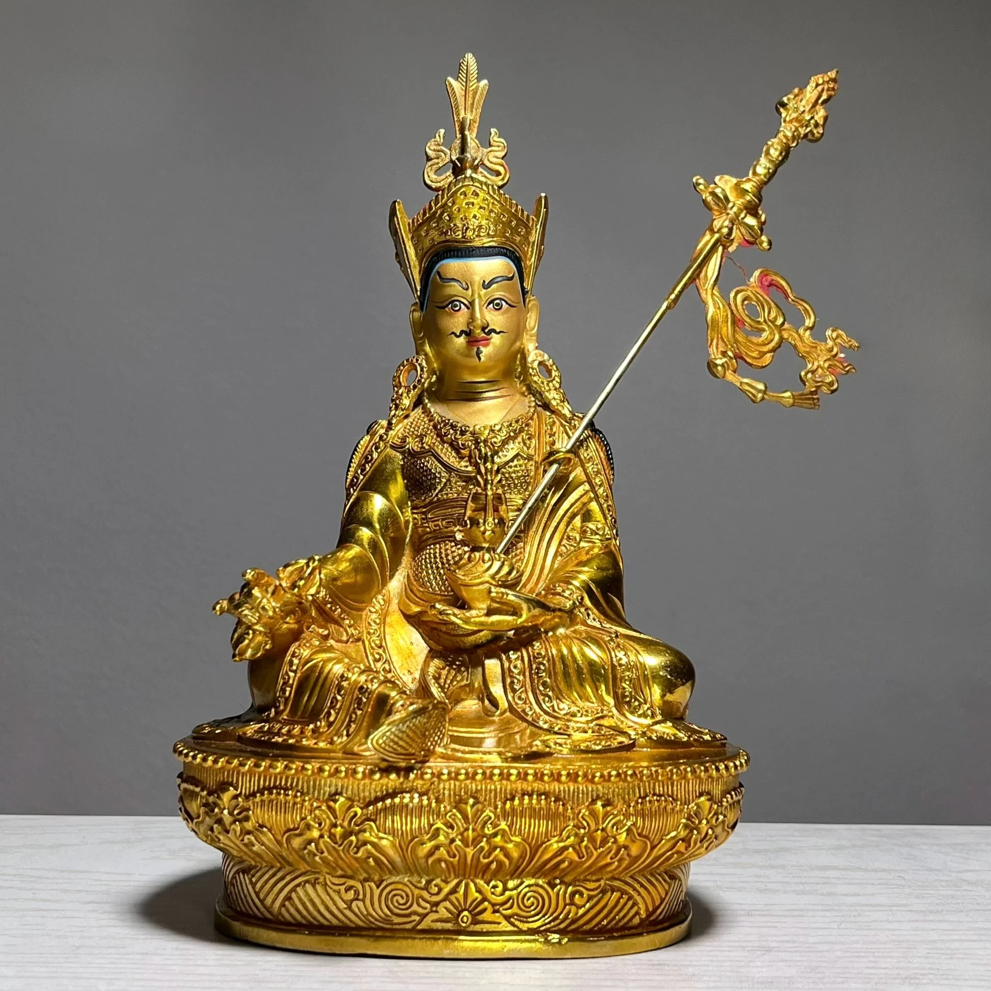 

Tibetan Handpainted Bronze Padmasambhava Buddha Statue Gilt Guanyin God Wealth