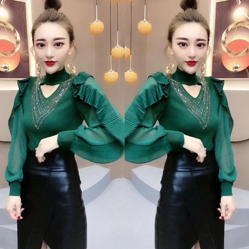 Spring Autumn High Collar Diamonds Ruffles Shirt Lady Long Sleeve Elegant Fashion All-match Pullover Top Women Hollow Out Blouse