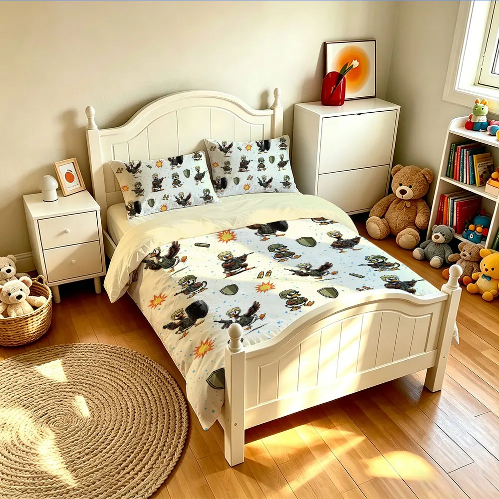3PCS Military Cartoon Duck Print Bedding Set, Soft & Comfortable, No Filling Pad, 1 Duvet Cover + 2 Pillowcases Included, Mac