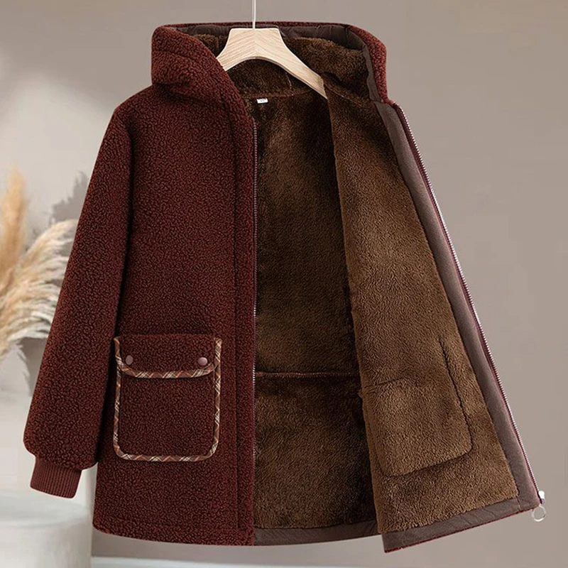 겨울 양털 벨벳 코튼 코트 여성용 오버코트 2024 신상 플러스 벨벳 두꺼운 따뜻한 파카 코트 후드 루즈핏 그레인 벨벳 코튼 재킷