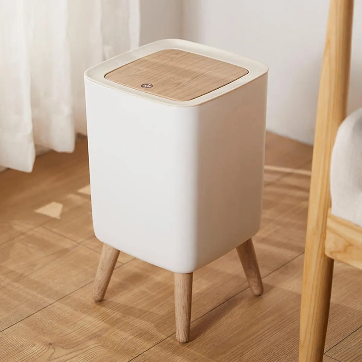 Okay 1 Piece High Clamshell Garbage Can, Suitable for Bedroom, Living Room, Bathroom, Press Trash Can, Imitation Wood Grain