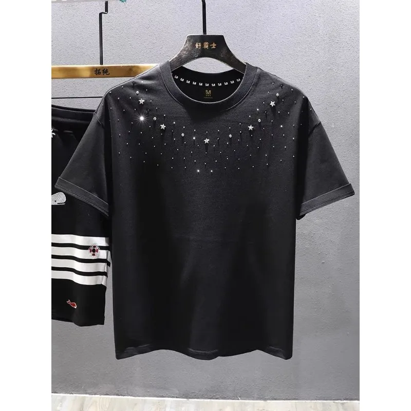 

Men's clothing summer high quality stars hot drilling handsome breathable round neck fashion casual half sleeve T-shirts