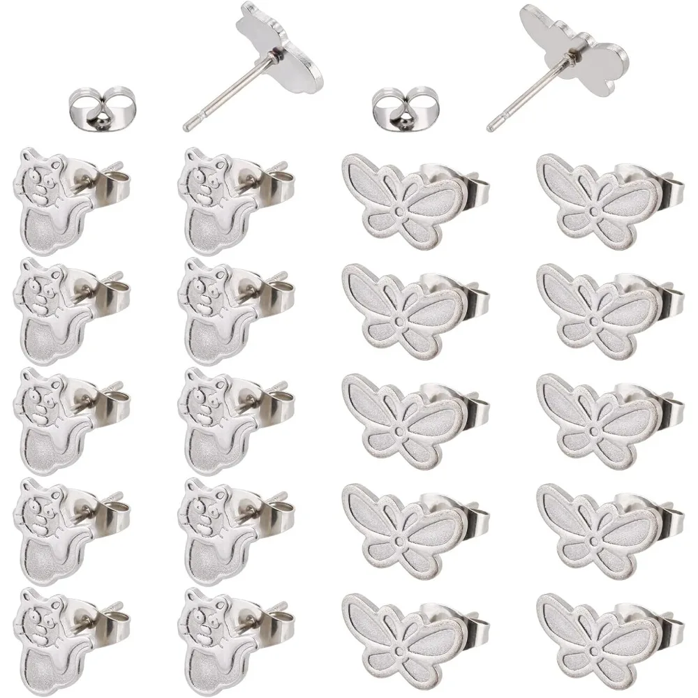

80Pcs 2 Styles Butterfly Earrings Studs Cute Cat Minimalist Studs Stainless Steel Earring Sets Oil Drop Animal Stud Earrings
