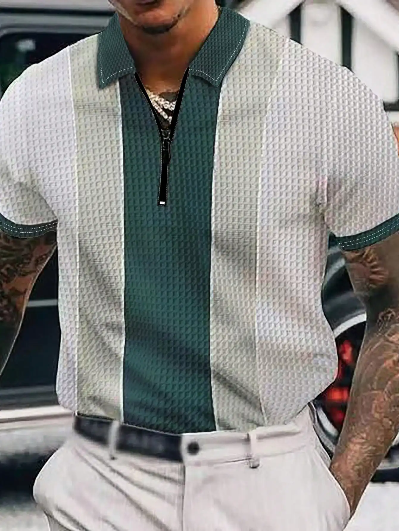 

Men's Colorblock Waffle Knit Short Sleeve Zipper Polo Shirt, Regular Fit