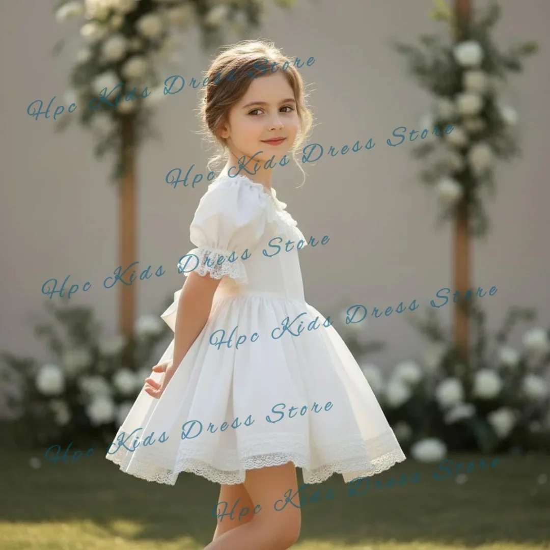 Custom White Flower Girl Dress for First Communion Square Neck Puff Sleeve Wedding  Lace Kids Gown Customizable Party Dress