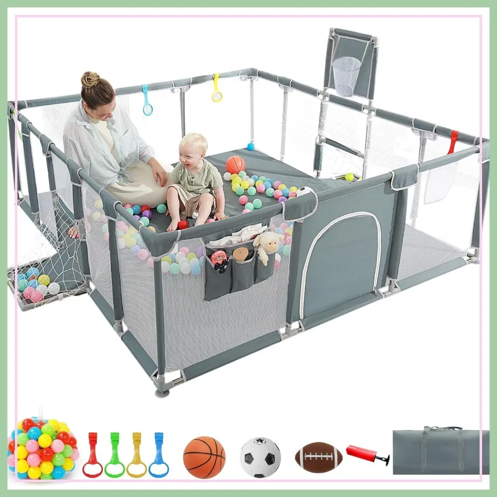 

79"x71" Playpen with Ocean Balls, Hanging Pocket, Basketball Hoop & Football Goal for Indoor & Outdoor Use