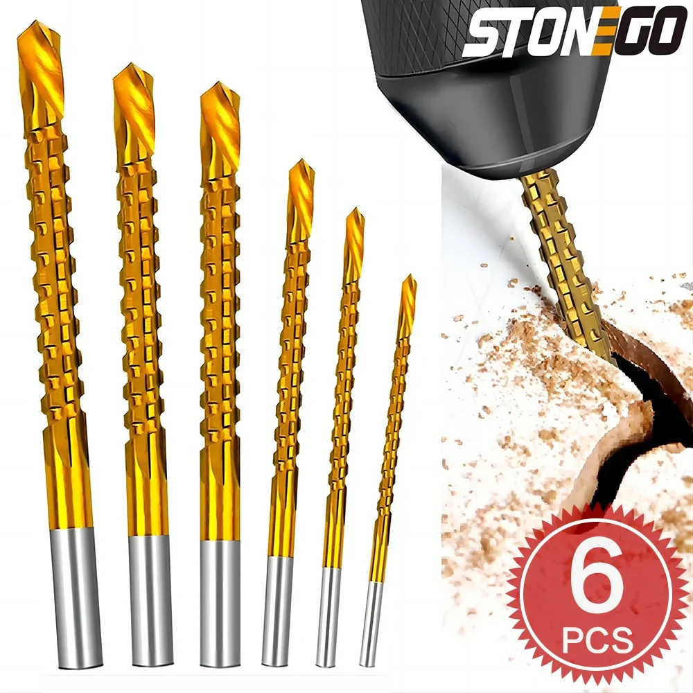 STONEGO 6PCS/Set Titanium Coated Drill Bit Spiral Jagged Saw Drill Bit Composite Drill Bit Twist Drill Bit