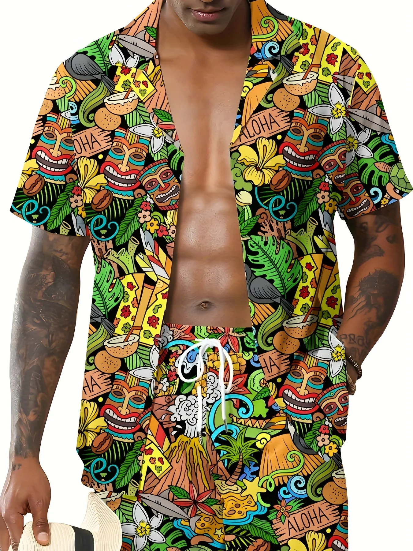 Funny Rainbow Clay Monster Aloha Shirt Men Multicolor Cartoon Character Print Loose Short Sleeve Vacation Casual Top