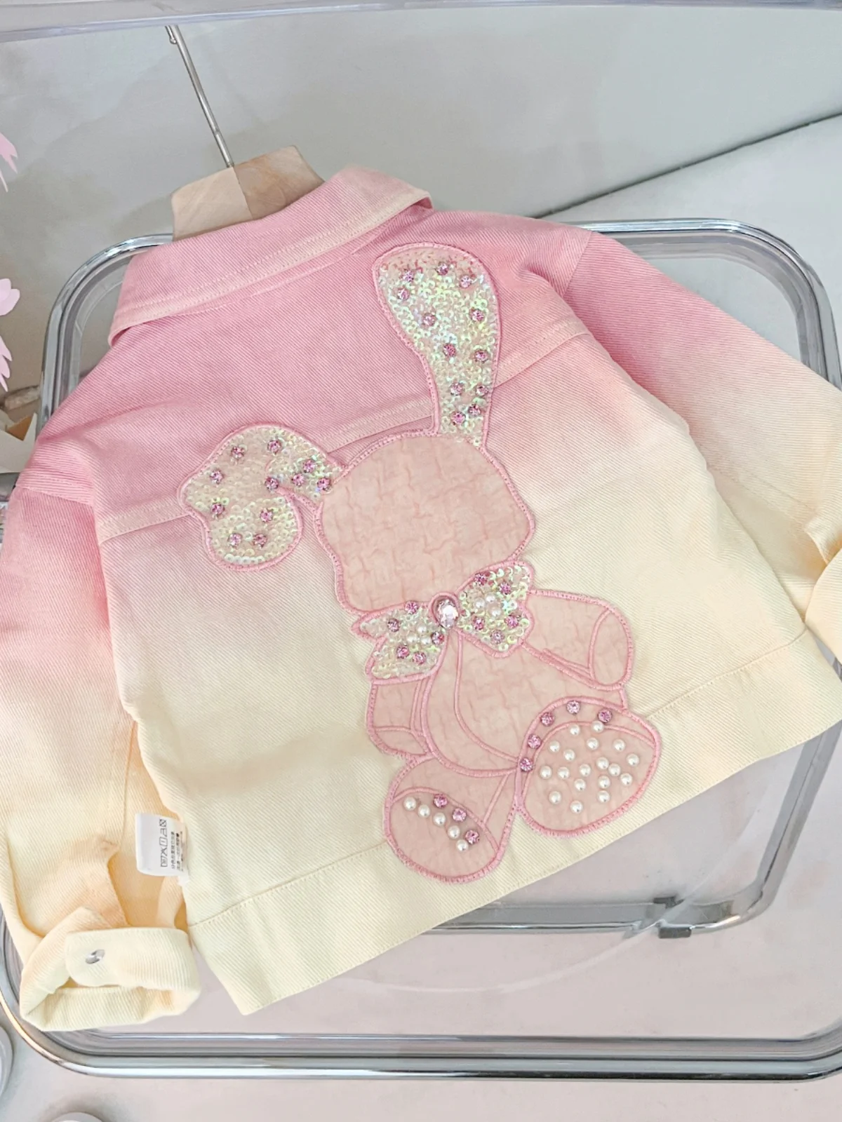 Baby Girls Denim Jackets Diamond Pearl Laple Tops Spring Autumn 2024 New Fashion Sweet Cute Strawberry Gradient Coat