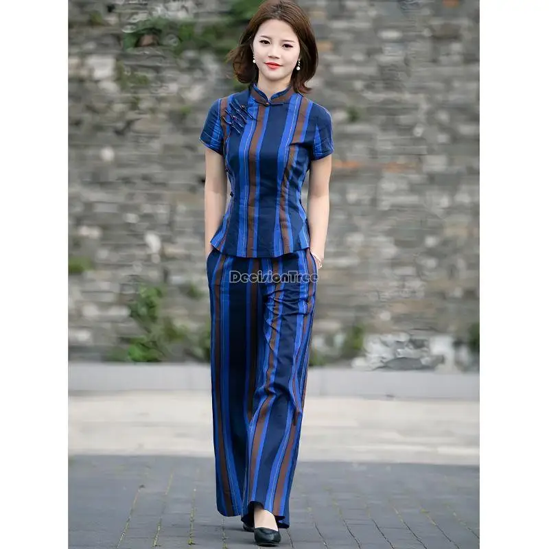 

2023 chinese cheongsam set summer cotton hemp suit short sleeve top pants two-piece retro national women printed qipao set s231