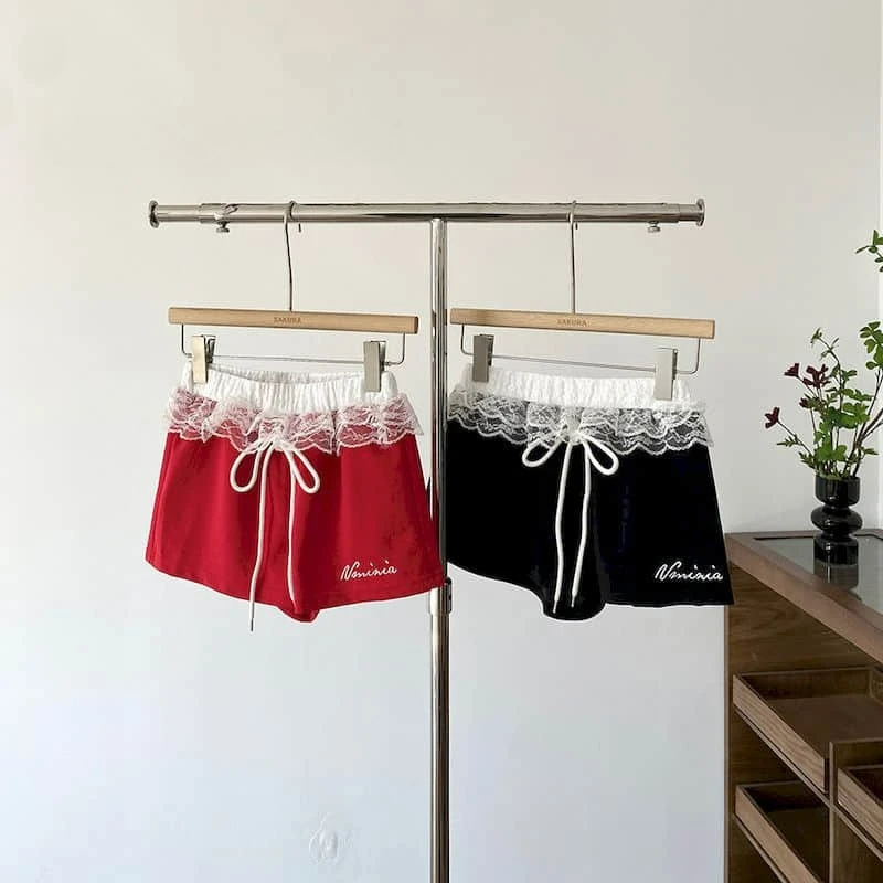 A라인 반바지 여성 캐주얼 레이스 패치워크 핫팬츠 아메리칸 스타일 스웨트팬츠 스포티 하이웨이스트 자수 여성 의류