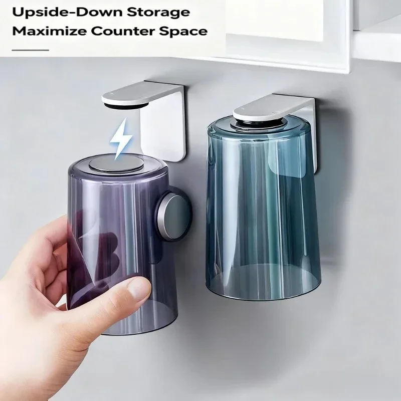 Magnetic Upside-Down Transparent Rinse Cup Wall-Mounted Toothbrush Holder Minimalist Bathroom Organizer