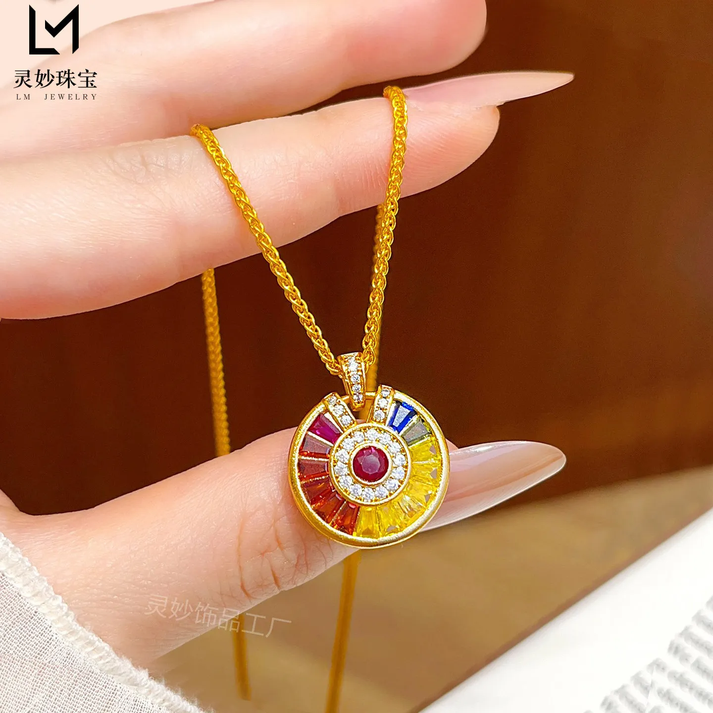Luxury 9999 24K Solid gold point diamond rainbow disc pendant necklace colorful lucky exquisite sparkling gift for women