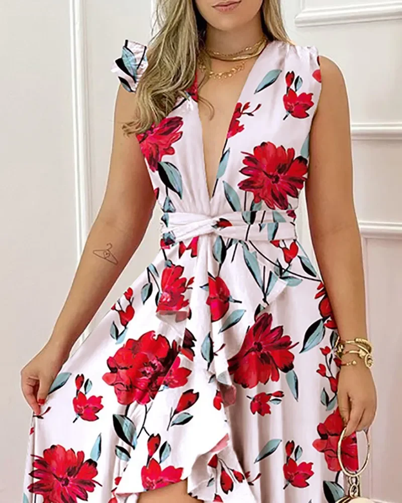 Elegant Banquet Style Spring Sleeveless Split Style Sling Style Long Summer Commuting High Waist Design Sense New Printed