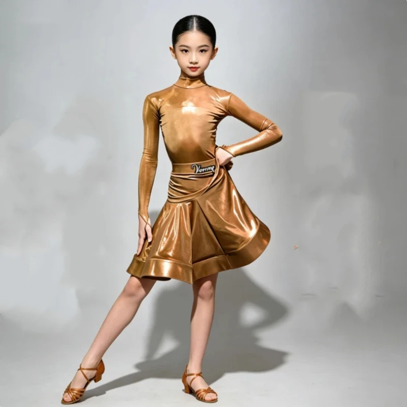 

Latin Dance Costume Competition Regulations Long Sleeved Performance for Girls Professional Standard Fishbone Big Swing Skirt