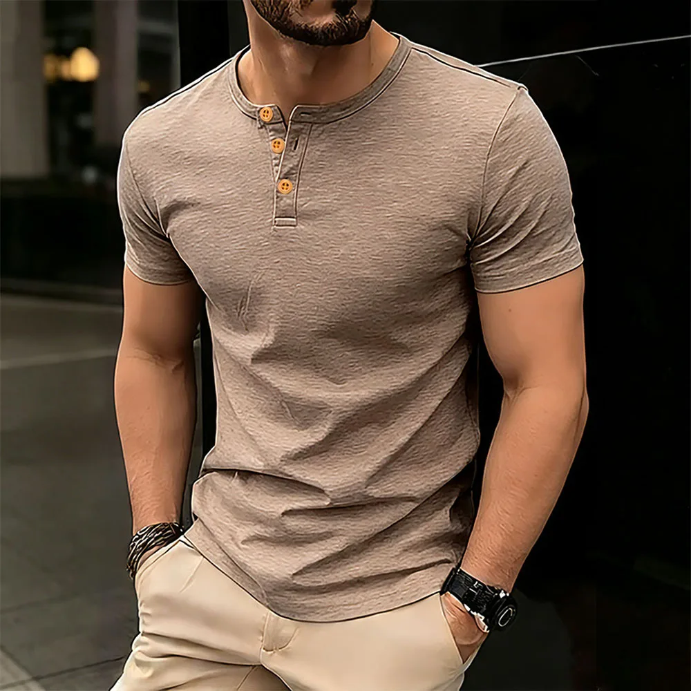 Sommer Herren Baumwoll-T-Shirt Einfarbig Atmungsaktiv Weicher Stoff Oberteile Kurzarm Henley-Ausschnitt Männliches Casual Basic Bequemes T-Shirt