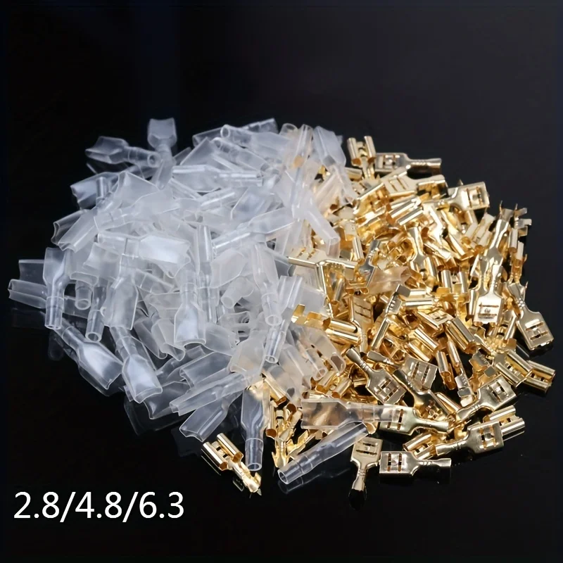 50 Set Female Crimp Terminal Connector 2.8/4.8/6.3mm Gold Brass Car Speaker Electric Wire Connectors Set 22-16 AWG