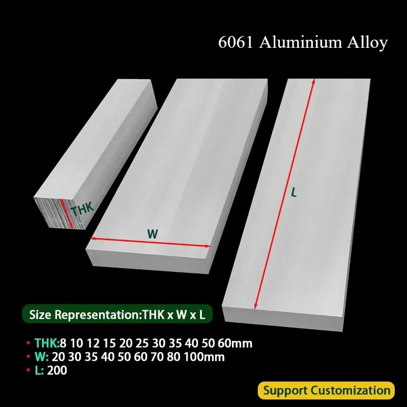 6061 Aluminum Alloy Metal Sheet Aluminium Block Solid Flat Bar Plate Strip Thickness 8 10 12 15 25 30 35 40 50 60mm Length 200mm