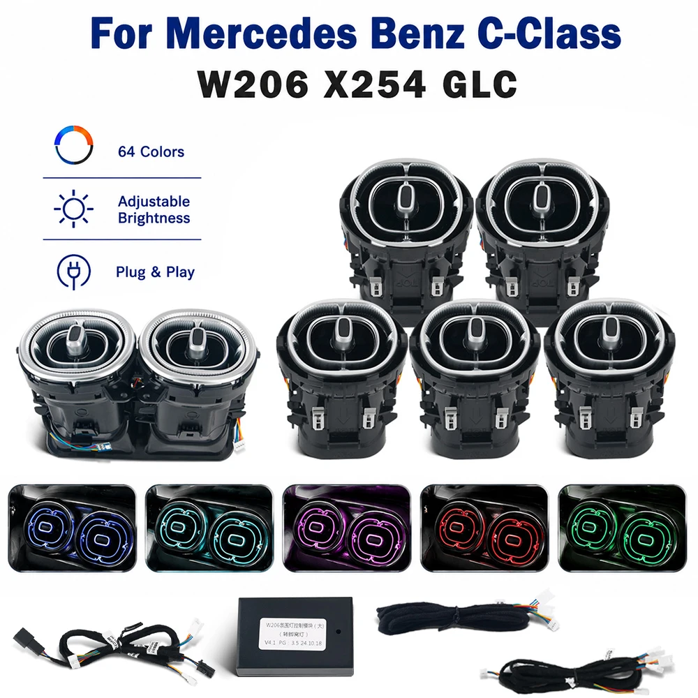 For Mercedes Benz W206 C-Class GLC X254 Interior Ambient Light Accessories 64Color Led Turbine Nozzle Air Vent Control By Screen