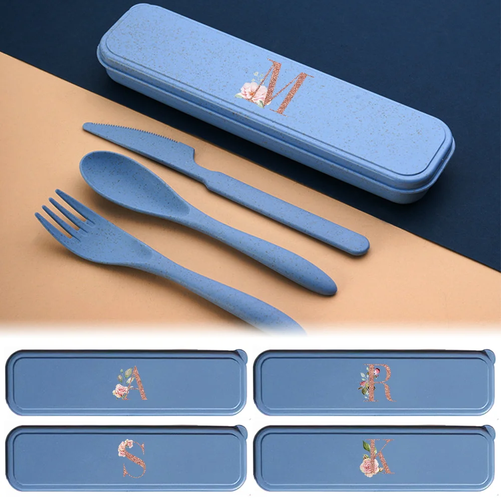 

3Pcs Reusable Dinnerware Kit Tableware Organizer Case Spoon Fork Chopsticks Storage Box Rose Gold Letter Pattern For Camping