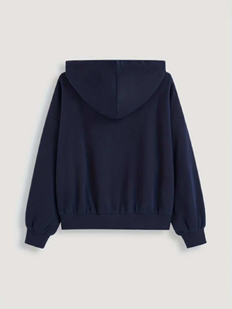 Women Casual Navy Hoodie Cartoon White Cat Print Long Sleeve Drawstring Pullover Sweatshirt Streetwear