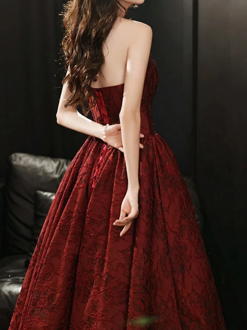 Customized Sexy Strapless Sleeveless High End Wine Red Wedding Party Dresses French Temperament Floral Printed Gown Backless Str