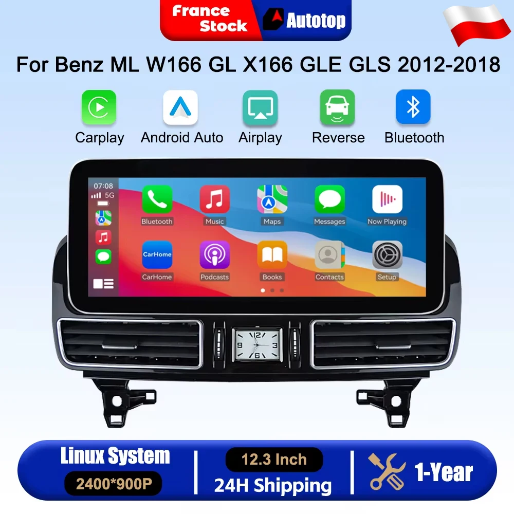 12,3-calowy ekran dotykowy 2400*900P z bezprzewodowym CarPlay i Android Auto do Mercedes Benz ML W166 GL X166 GLE GLS 2012-2018 z systemem NTG4.5/5.0, inteligentny system samochodowy, inteligentne
