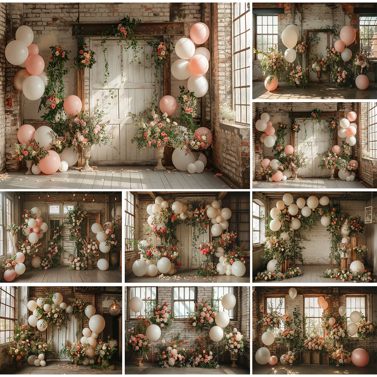 

White Wedding Bride Shower Photo Background Balloon Flowers Photo Studio Props Retro Brick Wall Windows Photography Backdrop