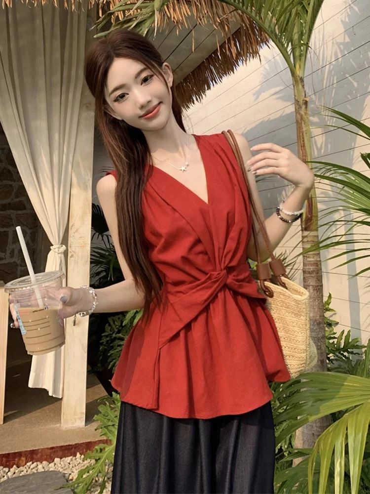 Top sin Mangas para Mujer Dopne, Amarillo, con Nudo en V, Diseño Ajustado a la Cintura, Ropa Exterior, Estilo Casual, Moderno y a la Moda