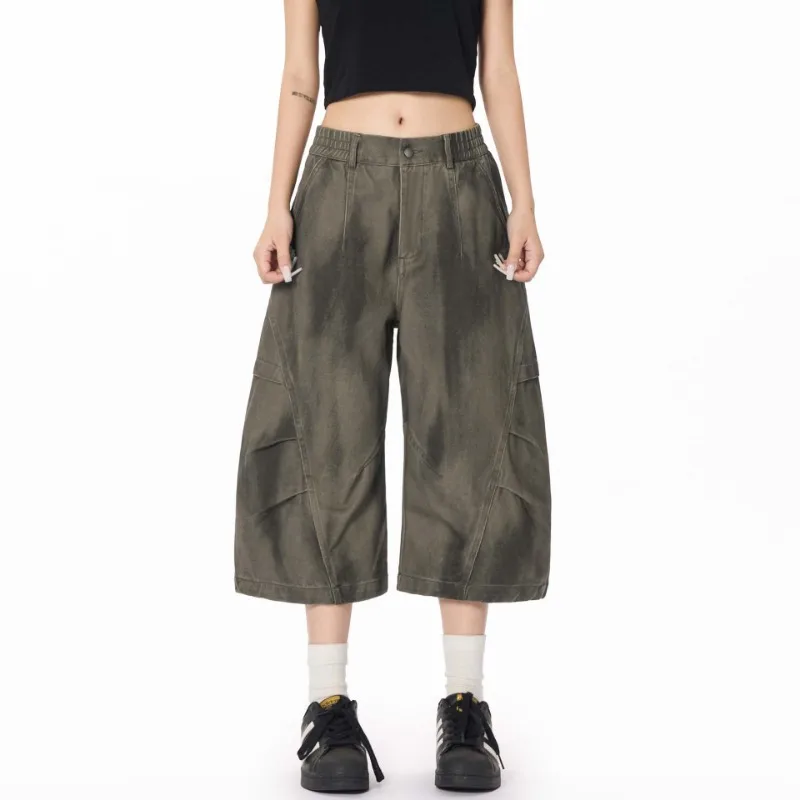 OR LF American Pleated Feel Seven Points 100 Cotton Women Cargo Trousers A Sense of Sophistication Cool Stylish Wide Leg Pants