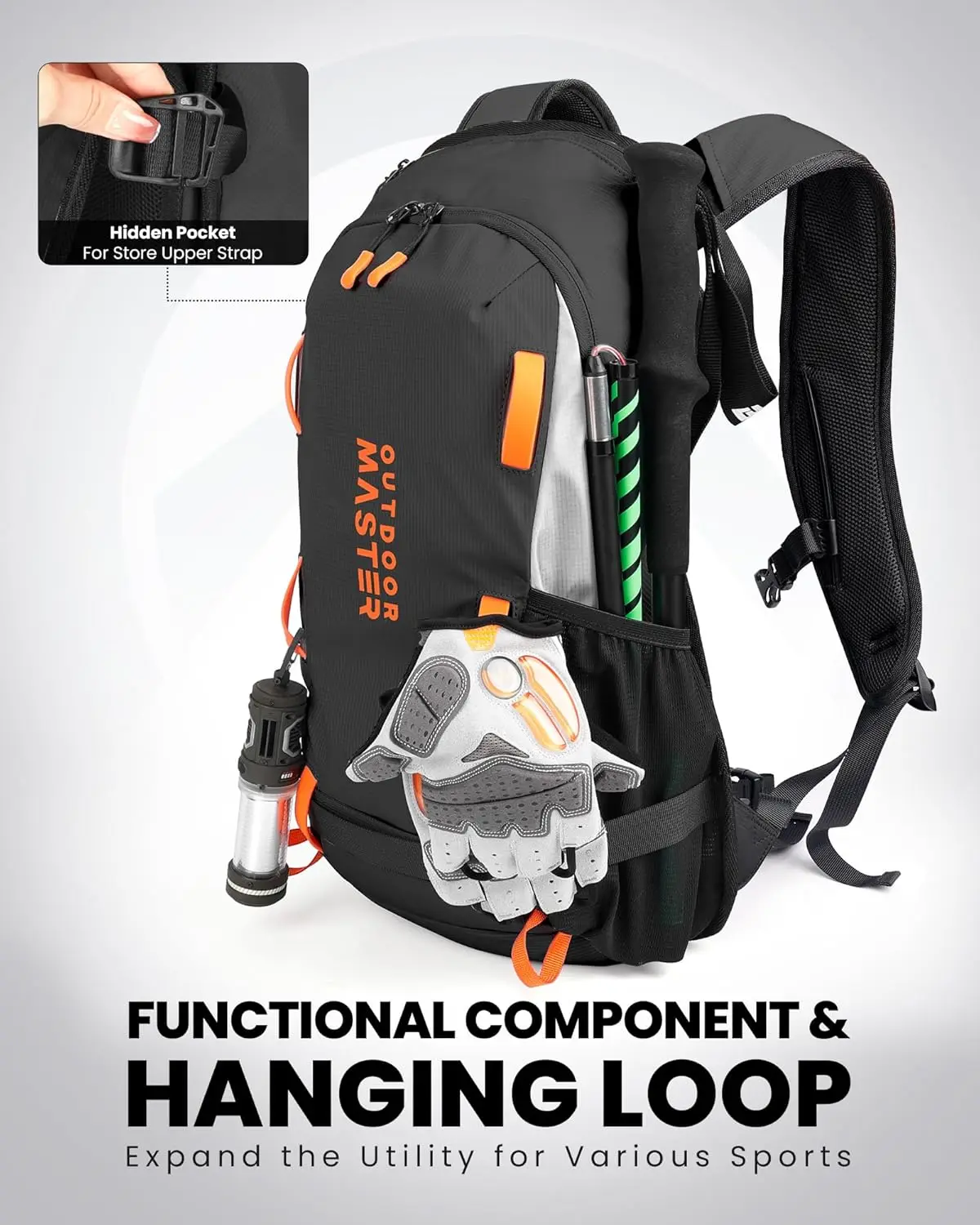 عبوة ترطيب الثلج، حقيبة نهارية للسفر سعة 18 لترًا للتزلج على الجليد والتزلج والمشي لمسافات طويلة وركوب الدراجات - مصنوعة من مواد معاد تدويرها - أسود